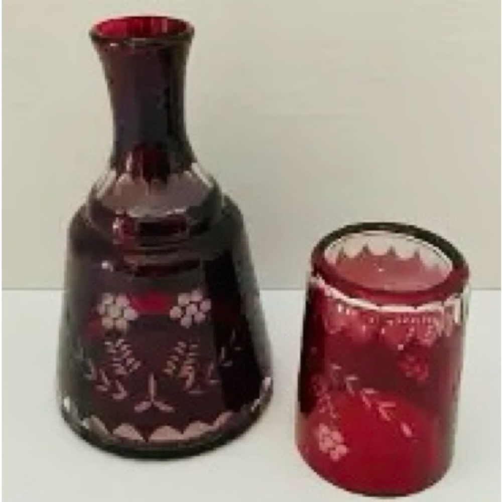 Bohemian Ruby Red cut to clear glass tumble up water carafe and cup bedside